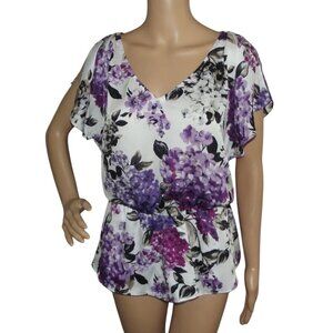 White House Black Market Blouse WHBM Womens Medium Purple Floral Peplum top